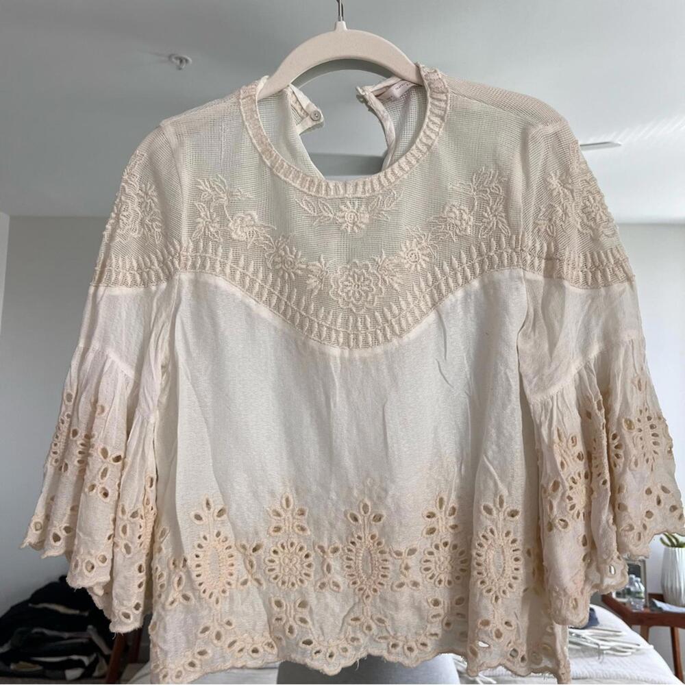 Zara Cream and Tan Embroidered Blouse